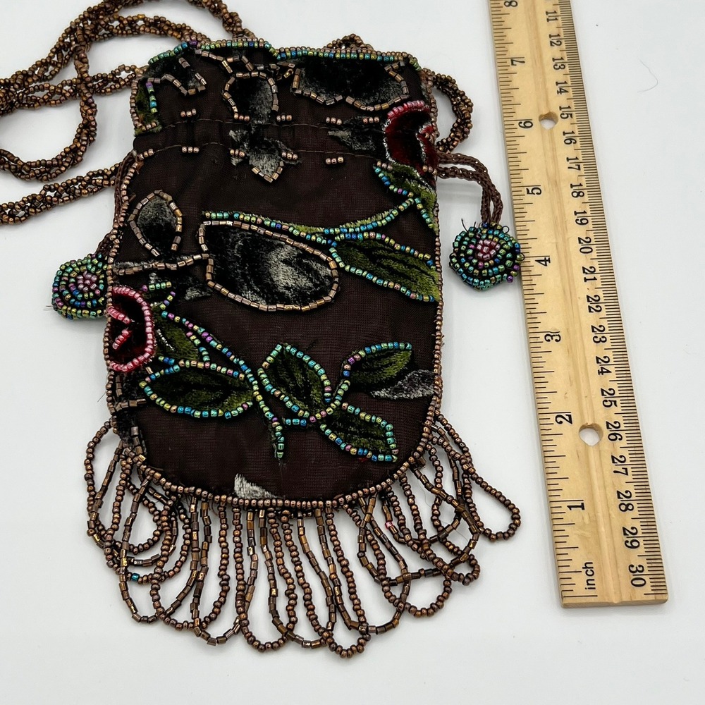 Vintage Style Velvet Floral Beaded Drawstring Pouch Brown Crossbody Fringe Small - Picture 4 of 8